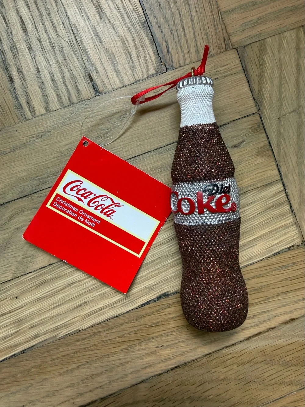 Coca-Cola Brown Glitter Bottle Ornament with Red Logo